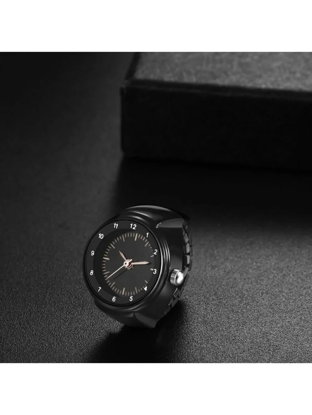 Unisex All Black Analog Quartz Arabic Numerals Stainless Steel Finger Ring Watch